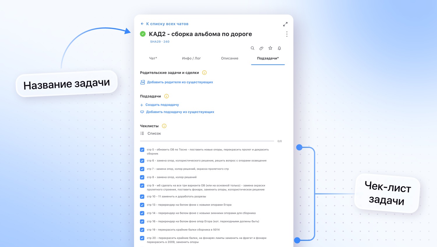По названию исполнитель сразу понимает, к какому проекту относится поручение &mdash; для этого даже не надо открывать общую доску